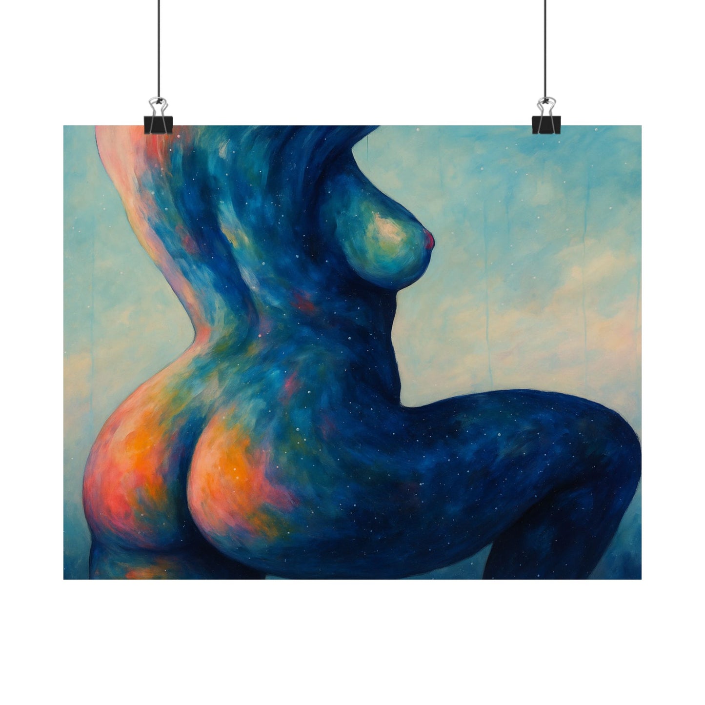 Colorful abstract painting of a nude figure on a white background