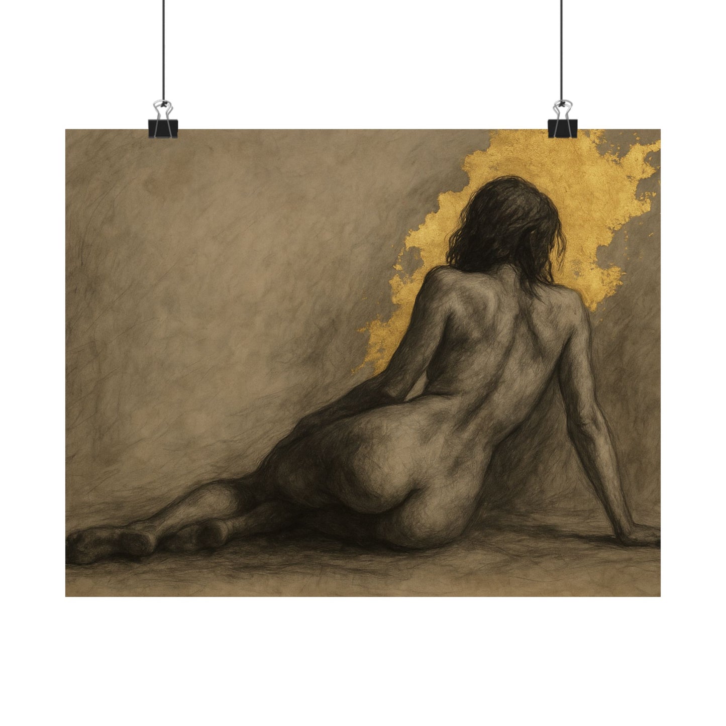 Artistic depiction of a nude figure sitting against a textured brown background
