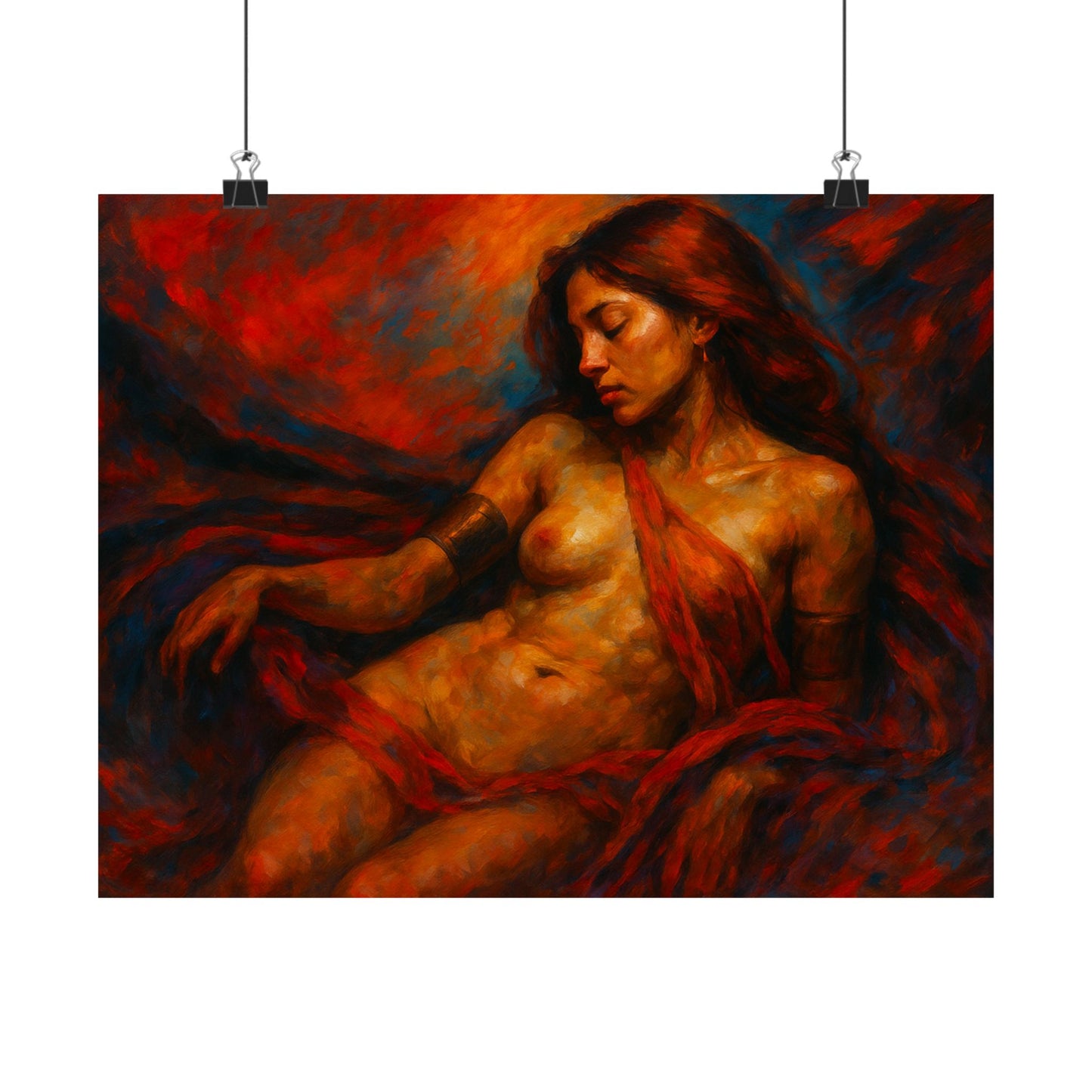 Artistic depiction of a nude figure draped in red fabric on a dark background