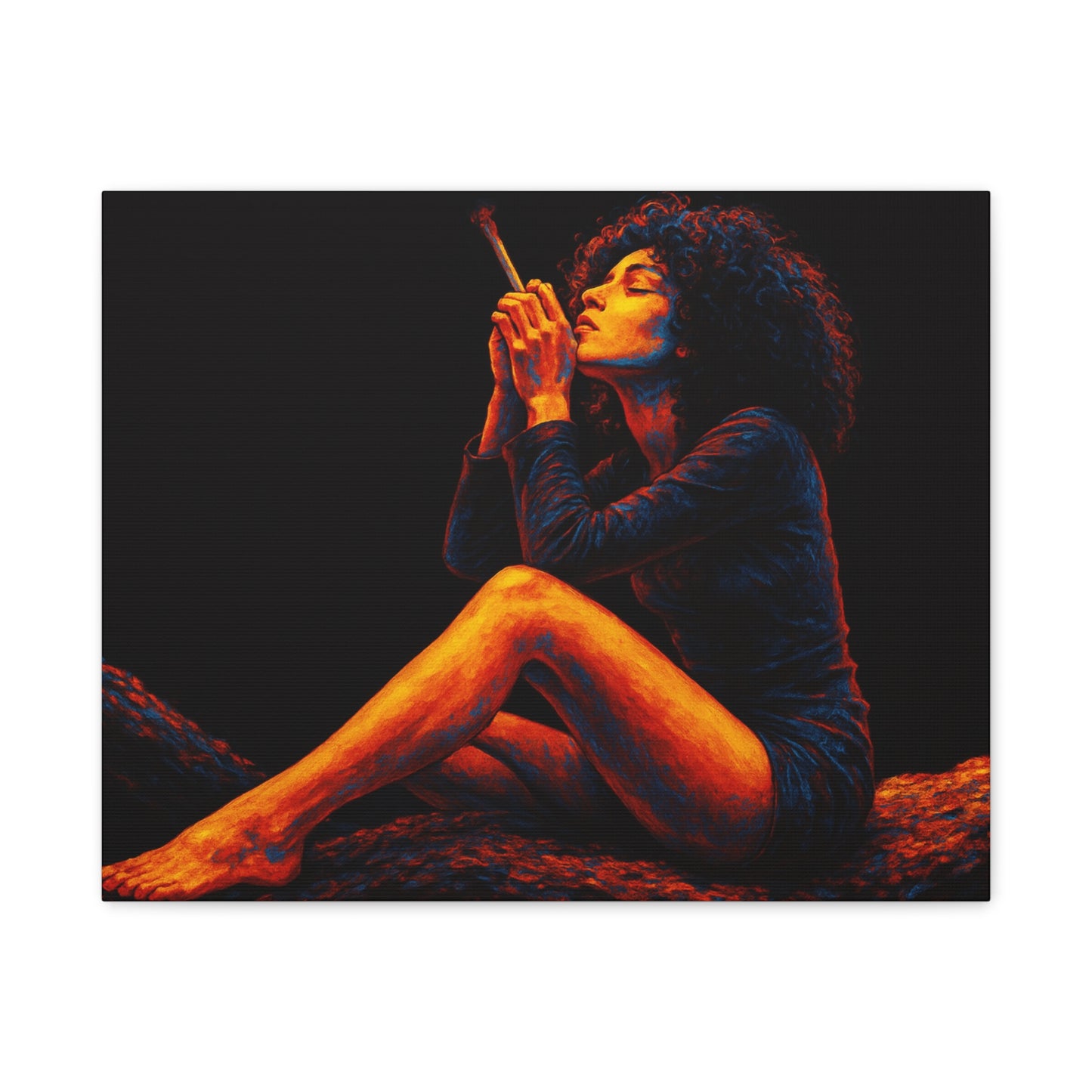 Person sitting on a rock with a dark background