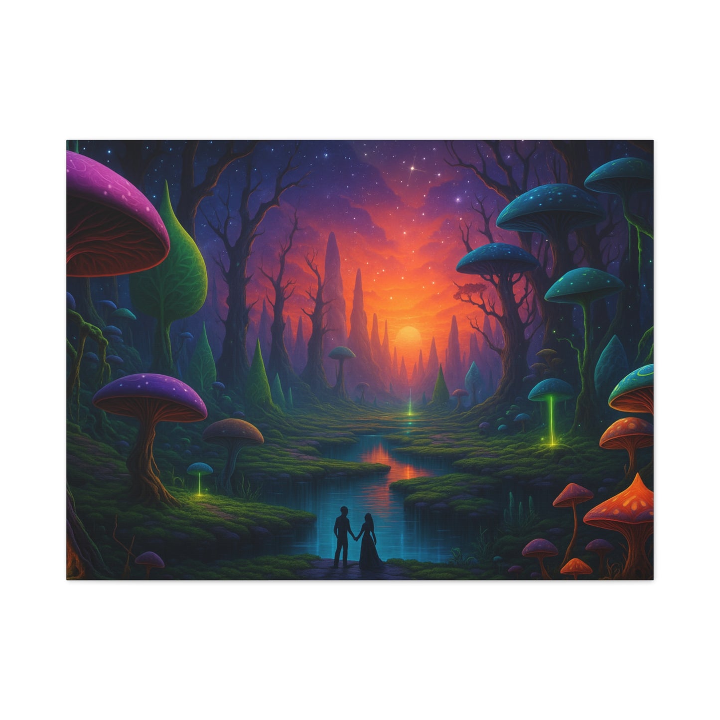 Fantasy forest scene with glowing mushrooms and a couple under a starry sky.