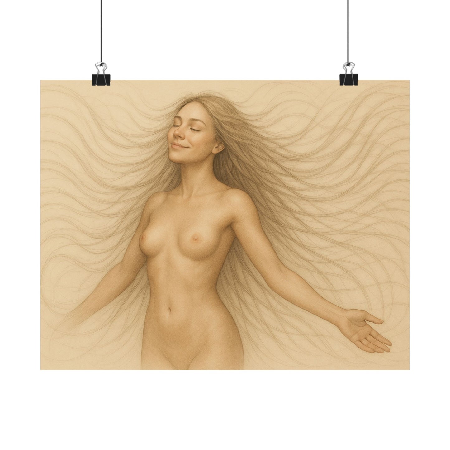 Artistic depiction of a nude woman with flowing hair on a beige background