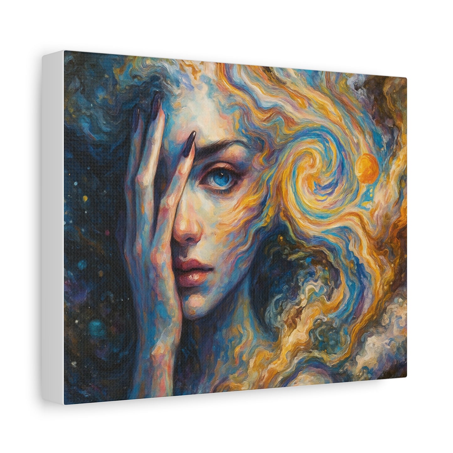 Canvas print of a stylized portrait with swirling colors and celestial elements.