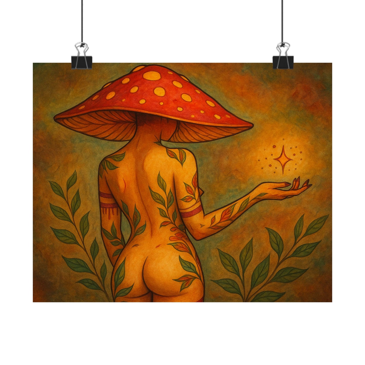 Artistic depiction of a person with a mushroom cap holding a glowing star, surrounded by leaves on an orange-brown background.
