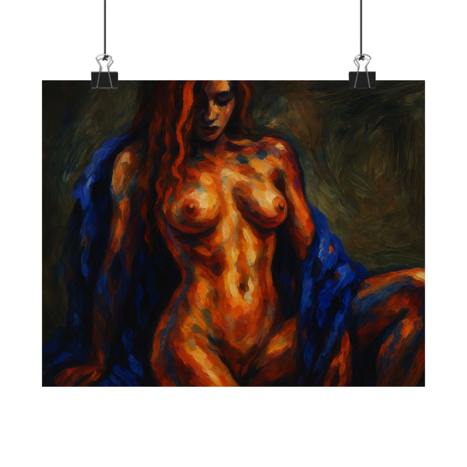 Expressionist nude woman in bold orange and blue brushstrokes, seated with downward gaze.
