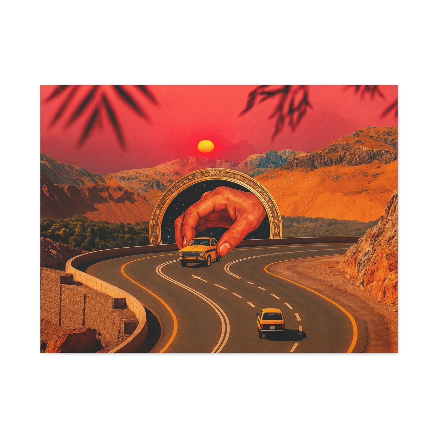 Artistic depiction of a road with a large hand opening a tunnel against a red sky.