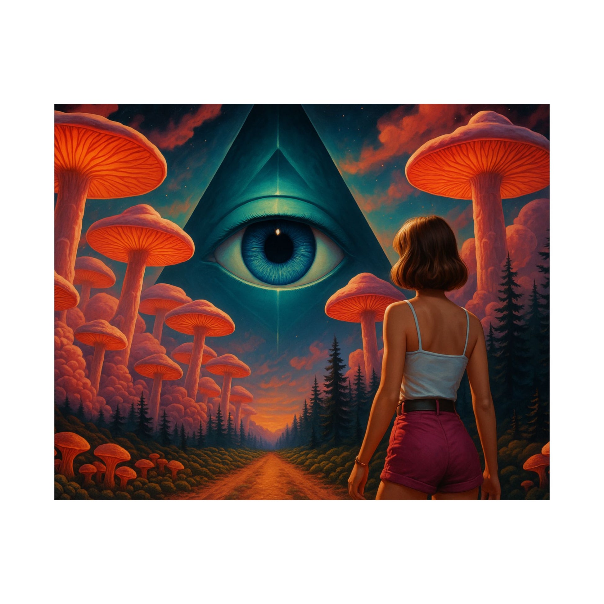 Artistic depiction of a person standing in a forest with glowing mushrooms and an eye symbol in the sky.
