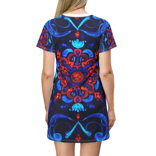 Electric Blue Mandala Trip T-Shirt Dress