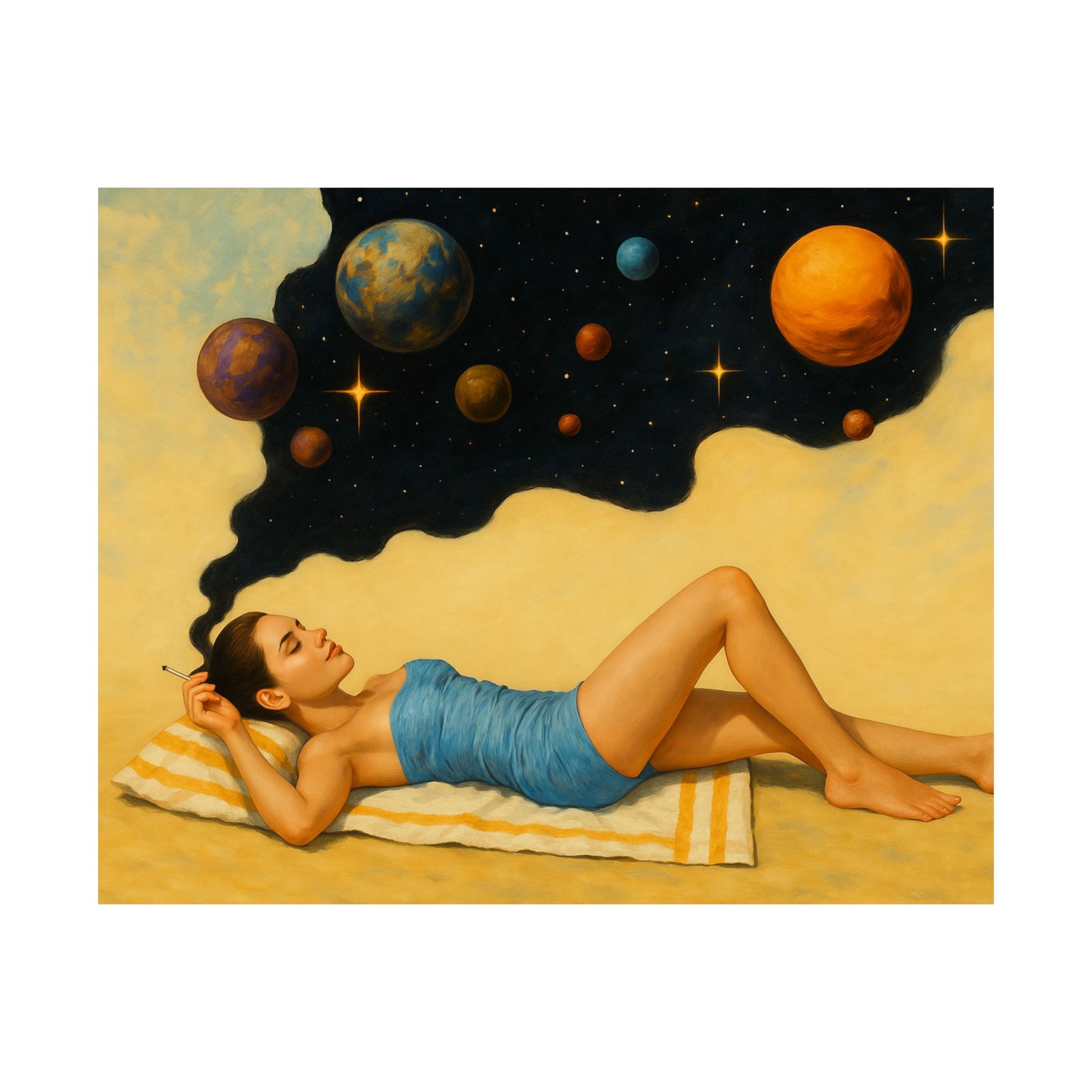 Woman lying on a towel with planets and stars in her hair against a space-themed background
